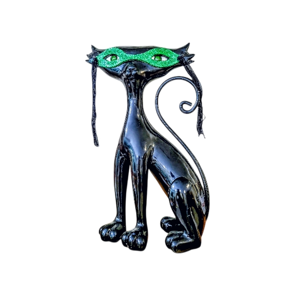 Collectible Resin Mardi Gras Carnival Halloween Lucky Cat Sparkling Green Mask - Picture 5 of 6